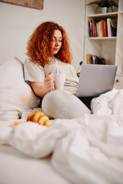 Kızıl Kıvırcık Saçlı Tatlı Bir Kadın Laptopunda Postalarını Kontrol Ederken — Stok fotoğraf