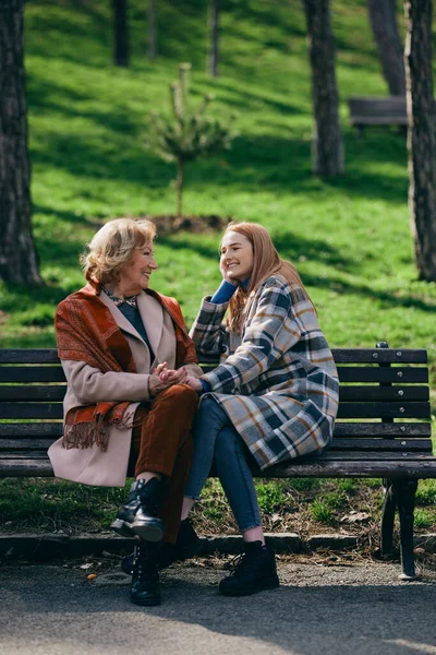 Neşeli bir büyükanne ve ergen bir torun güneşli bir günde parkta bankta konuşuyor ve oturuyor..