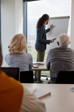 Genç bir eğitimci sınıftaki son sınıf öğrencilerinden oluşan çok kültürlü bir gruba ders veriyor..