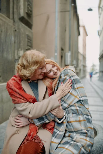 Grandmother Adolescent Granddaughter Hugging Walk Street Cold Weather — Stock Photo, Image