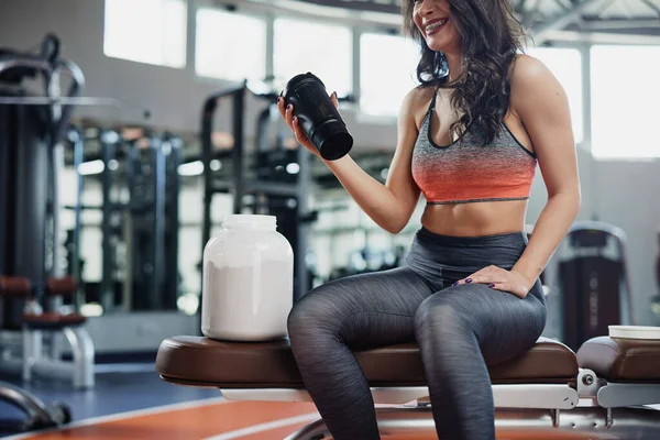Young Active Woman Taking Break Gym Drinking Protein Shake —  Fotos de Stock