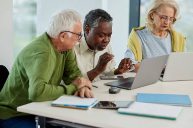 Son sınıf öğrencileri sınıfta dizüstü bilgisayarla proje üzerinde çalışıyorlar..