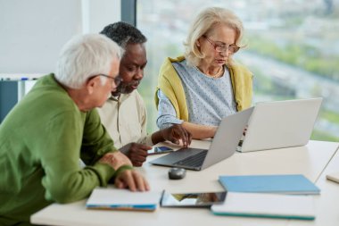 Son sınıf öğrencileri sınıfta dizüstü bilgisayarla proje üzerinde çalışıyorlar..