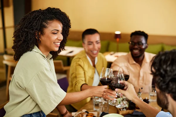 Group Multiracial Friends Raising Glasses Celebrating Event Restaurant — Stockfoto