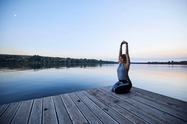 Calm Yogi Woman Lotus Position Meditating Dock — 스톡 사진