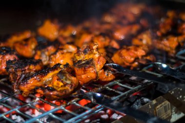 Delicious Grilled Tandoori of Assorted Meats over Charcoal and hot grill on Skewers.