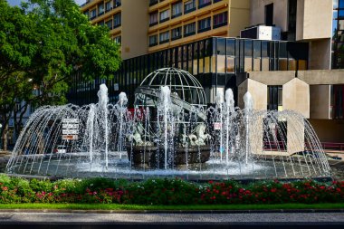 Funchal, Madeira - Portekiz 19 Kasım 2019: Madeira adasındaki Funchal şehrine giden ana yolların ortasındaki Çeşme