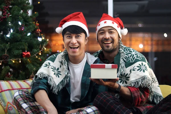 Adorável Sorrindo Casal Lgbt Segurando Caixa Presente Dois Homens Tendo — Fotografia de Stock