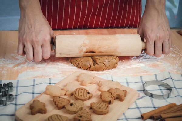 Homemade Christmas Cookies Bakery Man Preparing Gingerbread Cookies Dough Kneading — Stock Photo, Image