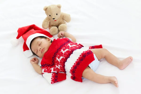 Bebê Recém Nascido Doce Adorável Com Suéter Natal Chapéu Papai — Fotografia de Stock