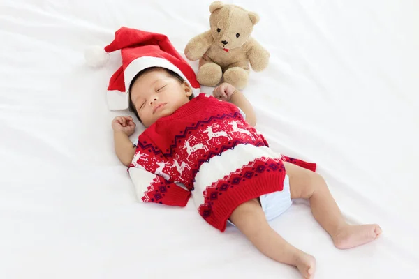 Bebê Recém Nascido Doce Adorável Com Suéter Natal Chapéu Papai — Fotografia de Stock
