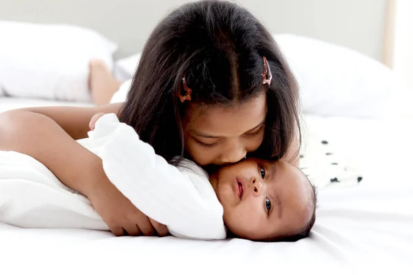 Little Asian African Newborn Infant Baby Girl Lying White Bed — Stock Photo, Image