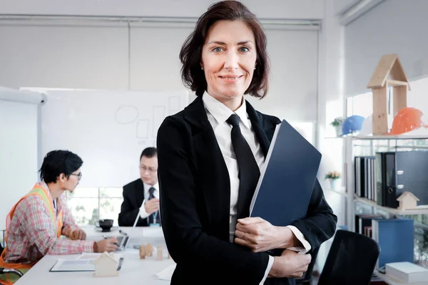 Confident Beautiful Middle Aged Business Woman Black Suit Holding Document — Foto Stock