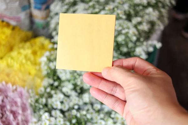 Blank note paper in hand on beautiful white cutter flower bouquet background, copy-space on card to put your message.