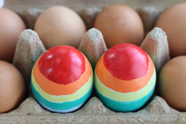 レインボーイースターの卵は カートンケージに多くの卵に囲まれ カラフルな卵は Lgbtqのゲイやレズビアンの虹色で描かれ 他の卵と段ボール箱にフラグ 調和の多様性の象徴 — ストック写真