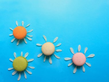 Şirin papatya kurabiyeleri, kasımpatı çiçekli renkli Fransız badem kurabiyeleri, mavi arkaplanda tatlı tatlı tatlı, telif alanı, gıda arka plan kavramı..