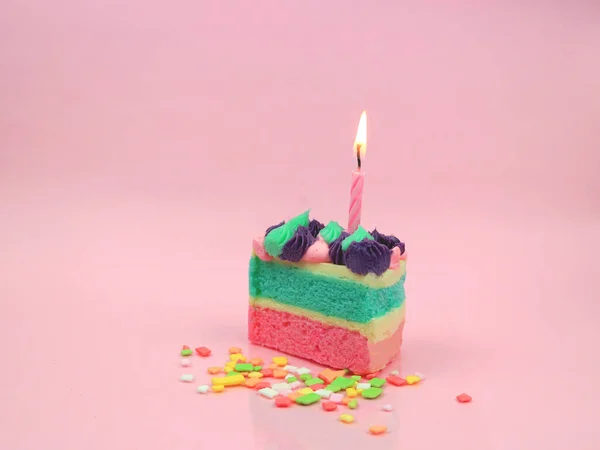 Happy Birthday Cake Bow Candle Pink Background Copy Space — Stok Foto