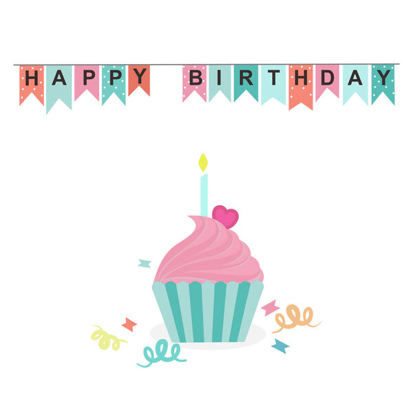 Розовый день рождения кекс со свечой и мини сладкое сердце на вершине, красочные флаги празднование сюрприз украшения праздник юбилей вектор. 