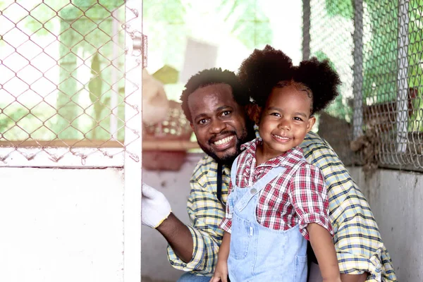 Happy farmer family work together in cattle, smiling African father and black curly haired girl daughter raising backyard hens in chicken coop, kid and presents enjoy feeding chicken in farm.