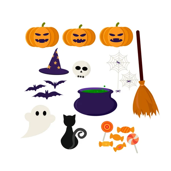 Halloween Cute Icons Orange Funny Faces Pumpkins Spooky Magic Witch — Stock Vector
