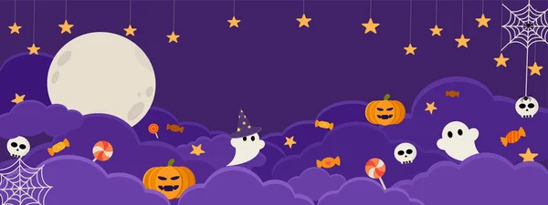 Happy Halloween Banner Vector Illustration Dark Night Sky Purple Clouds — Stock vektor