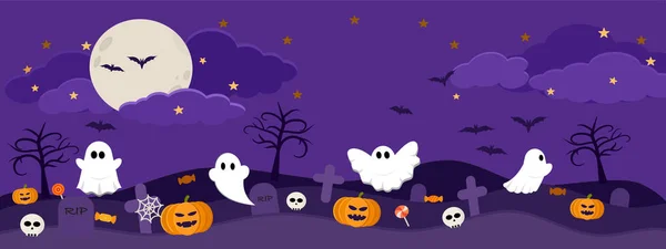 Felice Halloween Banner Vettoriale Illustrazione Cimitero Simpatico Piccolo Fantasma Zucca — Vettoriale Stock