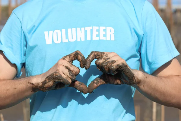Man hand covered mud dirty do heart shape on blue volunteer t-shirt, after planting sapling tree in deep mud at mangrove forest, love do charity work and love our planet earth for brighter further