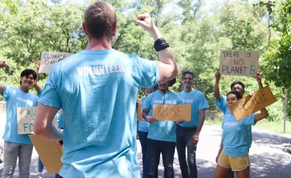 Group Volunteer Protest Earth Pollution Global Warming Back Head Leader — Stockfoto