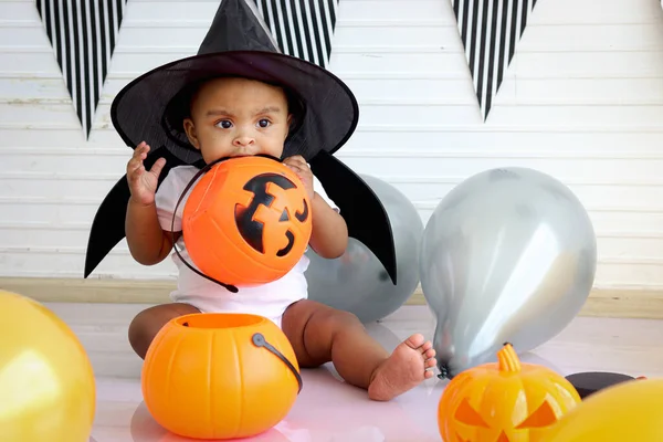 Adorable African Baby Kid Dressing Vampire Fancy Halloween Costume Black — Foto Stock