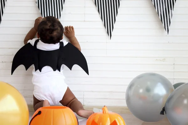 Back Adorable African Baby Kid Dressing Vampire Fancy Halloween Costume — Foto Stock