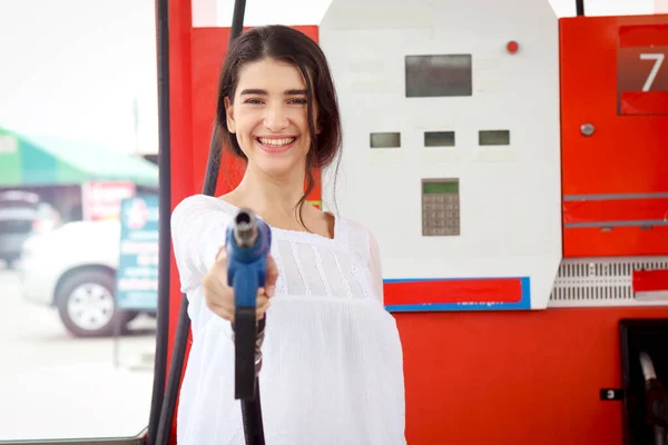 Portrait Happy Smiling Customer Woman Holding Fuel Petrol Pump Nozzle —  Fotos de Stock