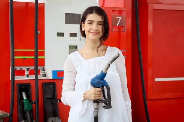 Portrait Happy Smiling Customer Woman Holding Fuel Petrol Pump Nozzle —  Fotos de Stock