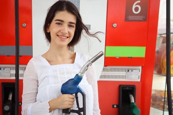 Portrait Happy Smiling Customer Woman Holding Fuel Petrol Pump Nozzle —  Fotos de Stock