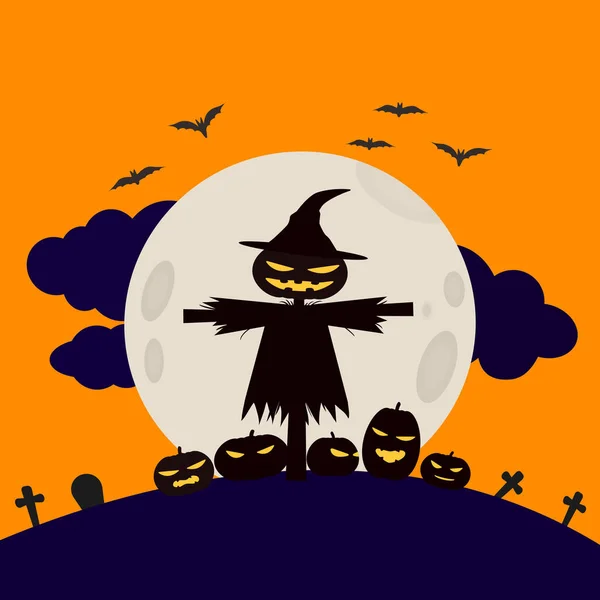 Happy Halloween Vector Illustration Spooky Shadow Scarecrow Halloween Pumpkin Graveyard — Vettoriale Stock
