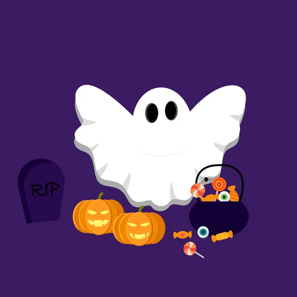 Happy Halloween Scary Spooky White Ghost Orange Pumpkin Candy Pot — Vettoriale Stock