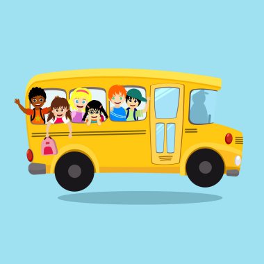 Back to school vector illustration, happy six student children on yellow school bus go to school on blue background, group of multi ethnic friends funny together, harmony diversity kid education.