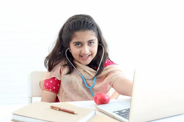 Portrait Adorable Smiling Pakistani Girl Beautiful Eyes Pretending Doctor Asian — Stockfoto