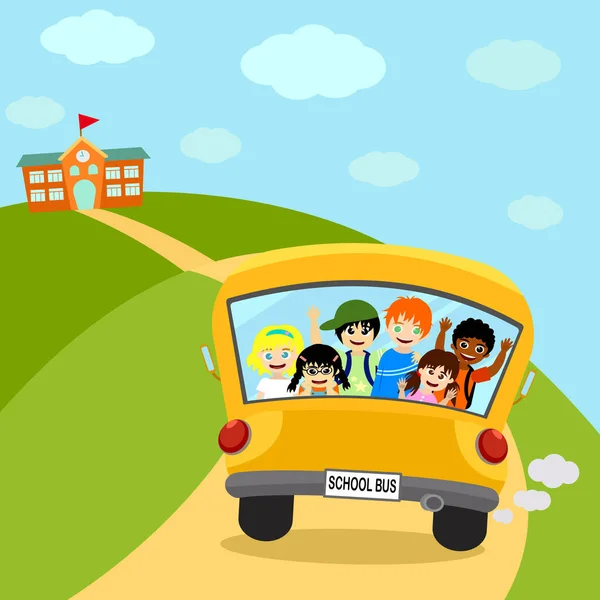 Yellow School Bus Back Side View Happy Six Student Children — Stok Vektör