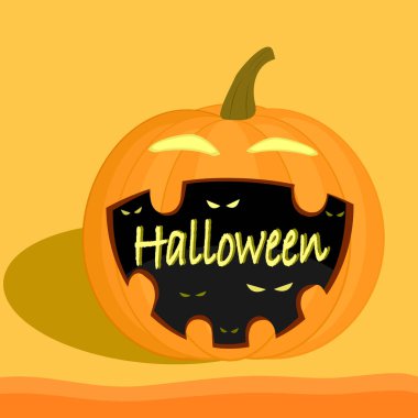Happy Halloween vector illustration, spooky Halloween pumpkin laughing, many mysterious evil monster eyes in wide mouth, Autumn holiday decorating celebration.