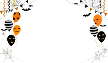 Happy Halloween banner vector illustration, spooky ghost balloons, black bats, spiderweb, beautiful decorative flag and ribbon on white background with copy space, Autumn Halloween holiday decorating celebration.