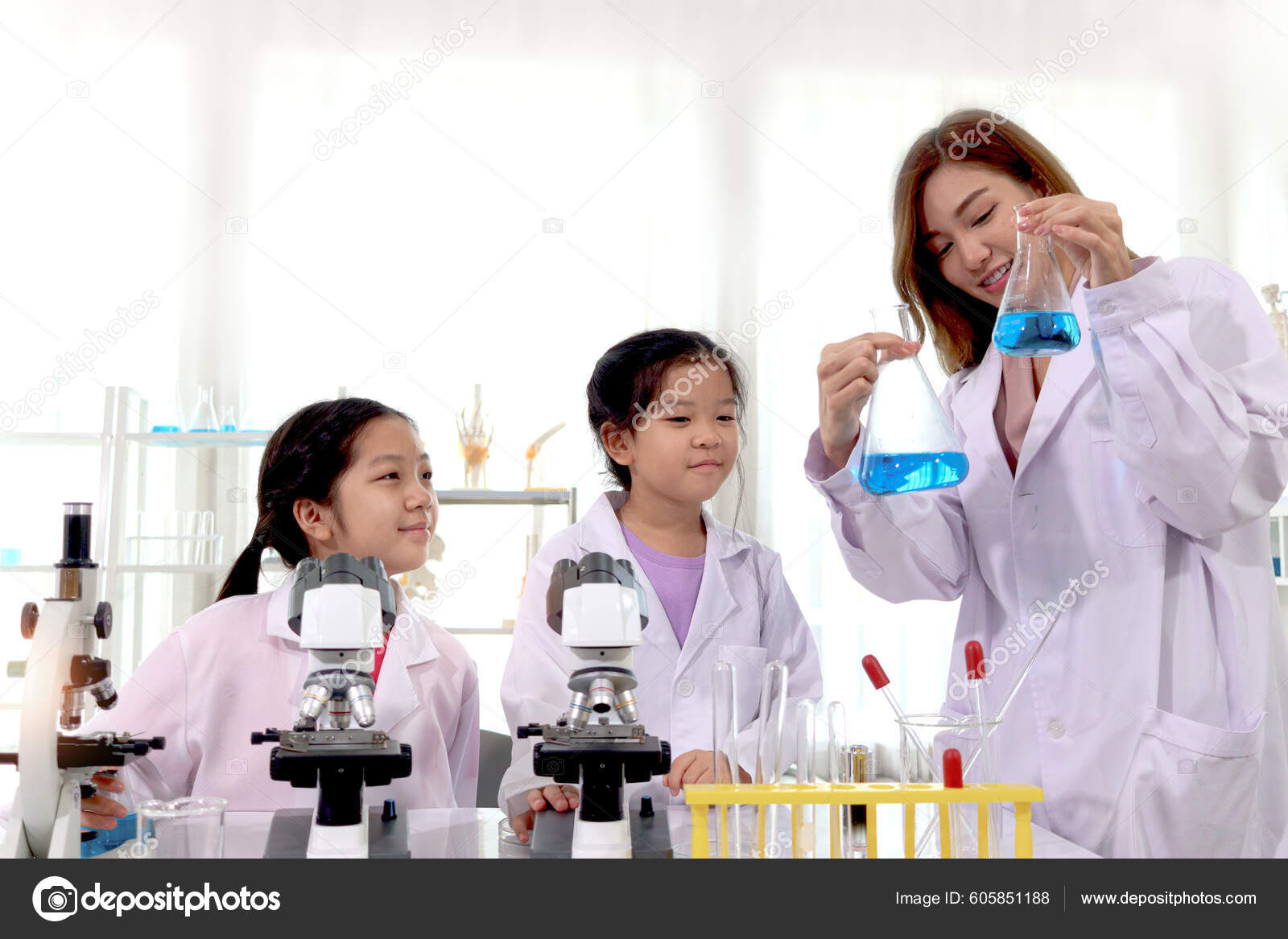 Student Kids Teacher Lab Coat Having Fun Together While Learning