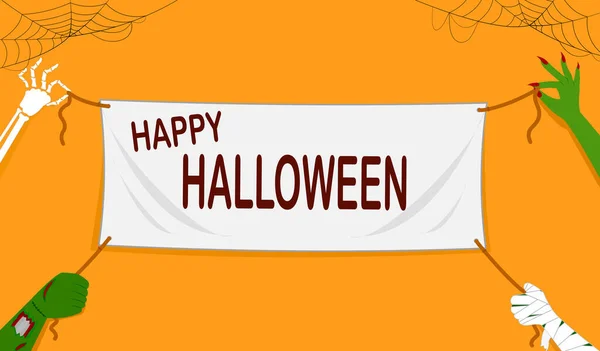 Veselé Halloween Banner Vektor Ilustrace Čtyři Monstrum Ruce Zelená Čarodějnice — Stockový vektor