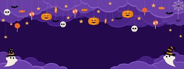 Felice Halloween Banner Vettoriale Illustrazione Notte Oscura Cielo Strega Nuvole — Vettoriale Stock