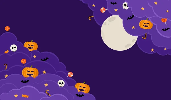 Veselé Halloween Banner Vektor Ilustrace Tmavá Noční Obloha Čarodějnice Fialové — Stockový vektor