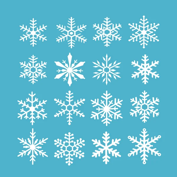 美しい白い雪の結晶冬セット 青の背景にクリスマスと新年の要素のアイコンデザインのコレクション クリスタル雪の結晶凍結シルエットベクトルイラスト — ストックベクタ