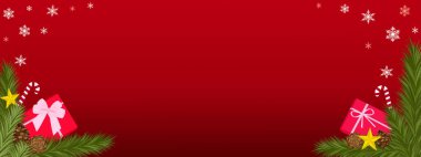 Mutlu noel afişi vektör illüstrasyonu, kış tatili kırmızı arka plan kutlaması şenlikli dekoratif unsurlar, altın yıldız, hediye kutusu, kar tanesi, çam ağacı dalları ve kopyalanmış kozalaklı kozalak.