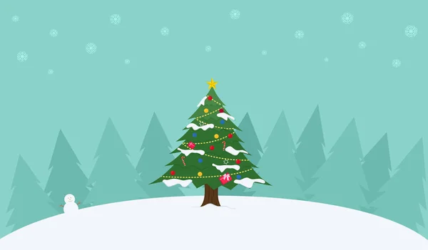 크리스마스 트리에는 배경에 내리면서 소나무의 눈덮인 풍경에 축제용 요소가 Merry — 스톡 벡터