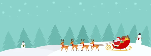 Merry Christmas happy new year banner vector illustration, Santa Claus rides sleigh with present gifts and reindeer in snow landscapes, calibration winter holiday background with space copy for text.