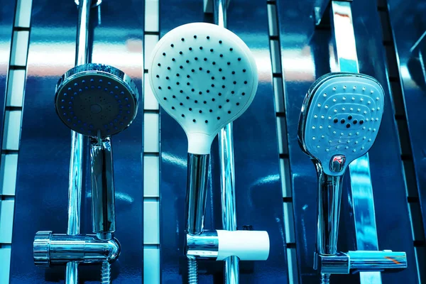 Shower Heads Different Shapes Window Plumbing Store Close — Stock Photo, Image