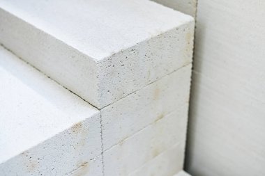 Foamed concrete blocks. Trade in building materials in a store. Close-up